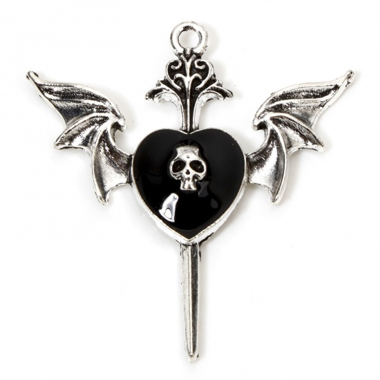 Picture of 10 PCs Zinc Based Alloy Gothic Pendants Antique Silver Color Black Skeleton Skull Wing Enamel 3.9cm x 3.7cm