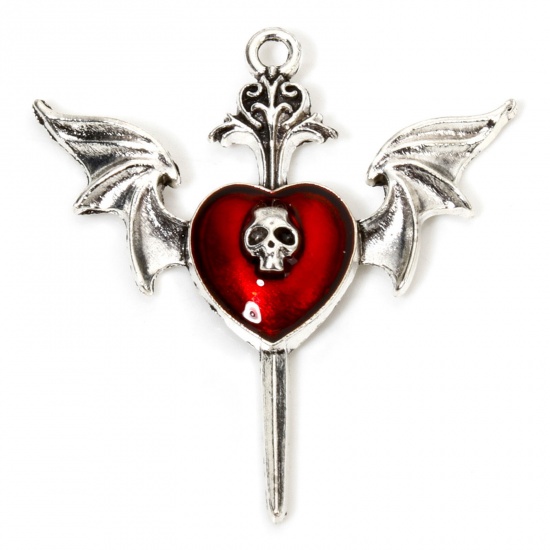 Picture of 10 PCs Zinc Based Alloy Gothic Pendants Antique Silver Color Red Skeleton Skull Wing Enamel 3.9cm x 3.7cm