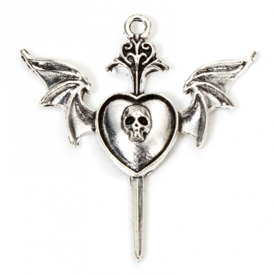 Picture of 10 PCs Zinc Based Alloy Gothic Pendants Antique Silver Color Skeleton Skull Wing 3.9cm x 3.7cm