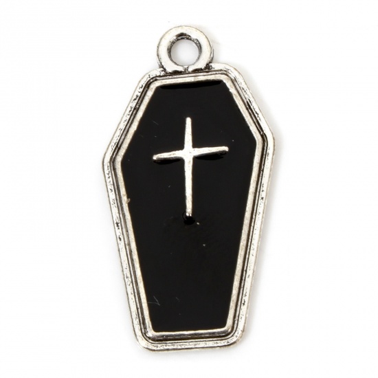 Immagine di 10 Pz Lega di Zinco Halloween Ciondoli Pendenti Argento Antico Nero Bara Croce Smalto 25mm x 13mm