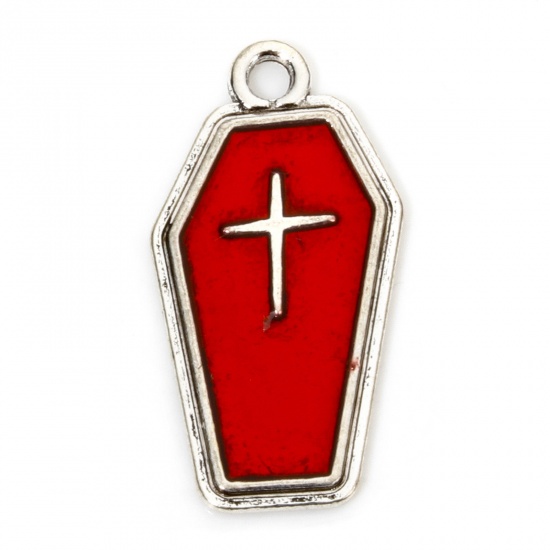 Picture of 10 PCs Zinc Based Alloy Halloween Pendants Antique Silver Color Red Coffin Cross Enamel 25mm x 13mm