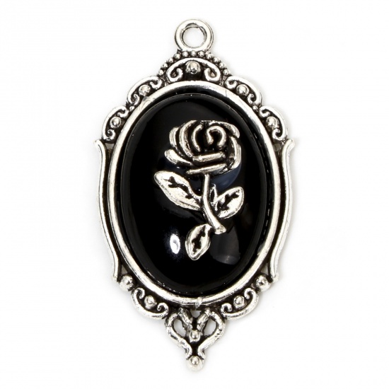 Picture of 5 PCs Zinc Based Alloy Gothic Pendants Antique Silver Color Black Mirror Rose Flower Enamel 4.3cm x 2.4cm