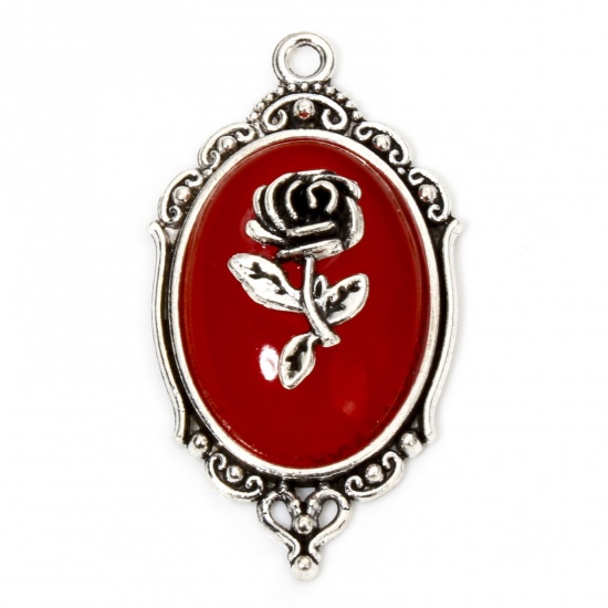 Picture of 5 PCs Zinc Based Alloy Gothic Pendants Antique Silver Color Red Mirror Rose Flower Enamel 4.3cm x 2.4cm