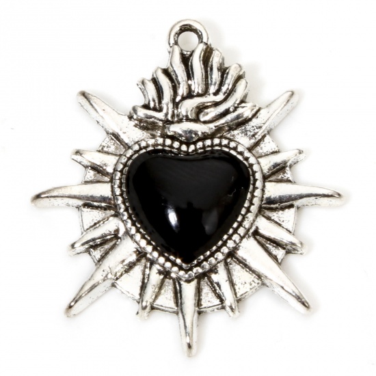 Picture of 10 PCs Zinc Based Alloy Gothic Charms Antique Silver Color Black Ex Voto Heart Enamel 26mm x 24mm