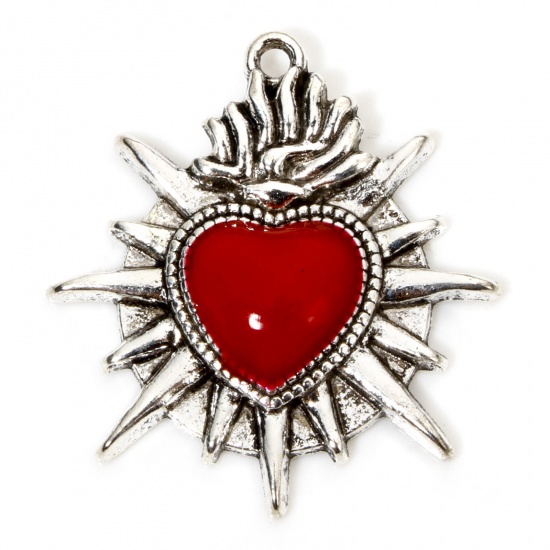 Picture of 10 PCs Zinc Based Alloy Gothic Charms Antique Silver Color Red Ex Voto Heart Enamel 26mm x 24mm