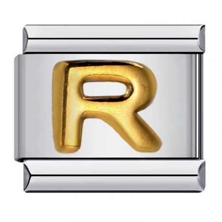 Picture of 5 PCs 304 Stainless Steel Italian Charm Links For DIY Bracelet Jewelry Making Gold Plated & Silver Tone Rectangle Initial Alphabet/ Capital Letter Message " R " 10mm x 9mm