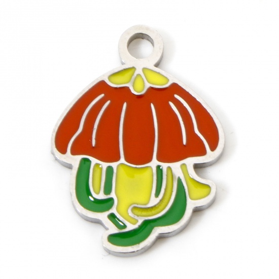 Picture of 2 PCs Eco-friendly 304 Stainless Steel Ocean Jewelry Charms Silver Tone Jellyfish Enamel 17mm x 12mm