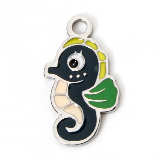 Picture of 2 PCs Eco-friendly 304 Stainless Steel Ocean Jewelry Charms Silver Tone Seahorse Animal Enamel 17mm x 10mm