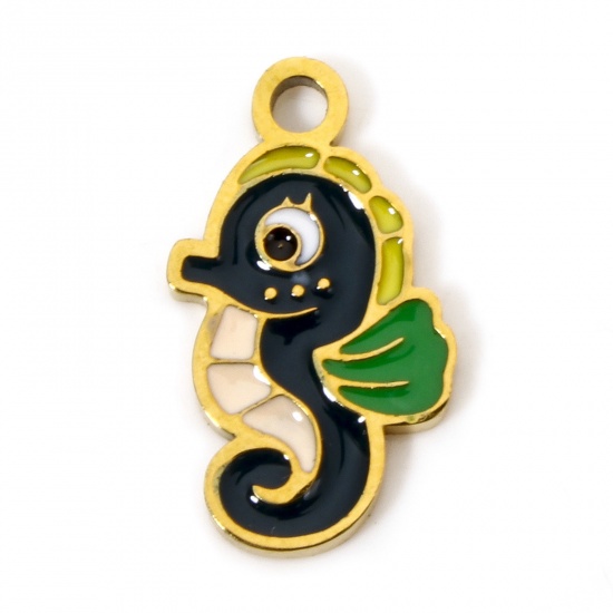 Picture of 2 PCs Vacuum Plating 304 Stainless Steel Ocean Jewelry Charms Gold Plated Seahorse Animal Enamel 17mm x 10mm