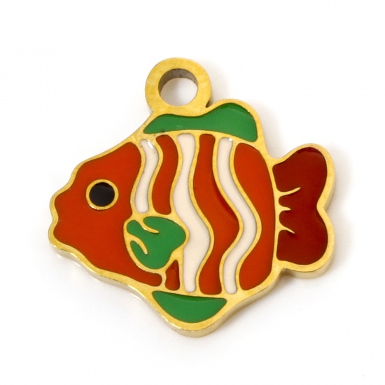 Picture of 2 PCs Vacuum Plating 304 Stainless Steel Ocean Jewelry Charms Gold Plated Fish Animal Enamel 14mm x 14mm