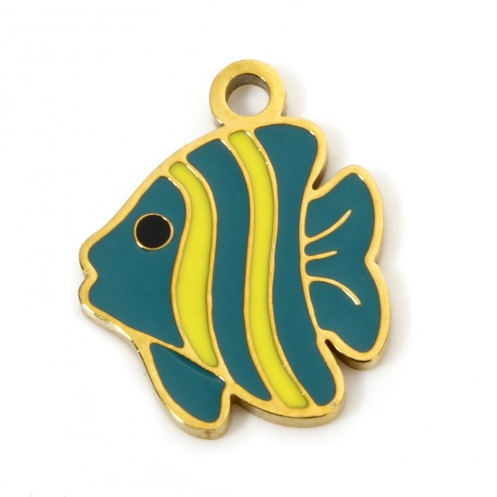 Picture of 2 PCs Vacuum Plating 304 Stainless Steel Ocean Jewelry Charms Gold Plated Tropical Fish Enamel 16mm x 13mm