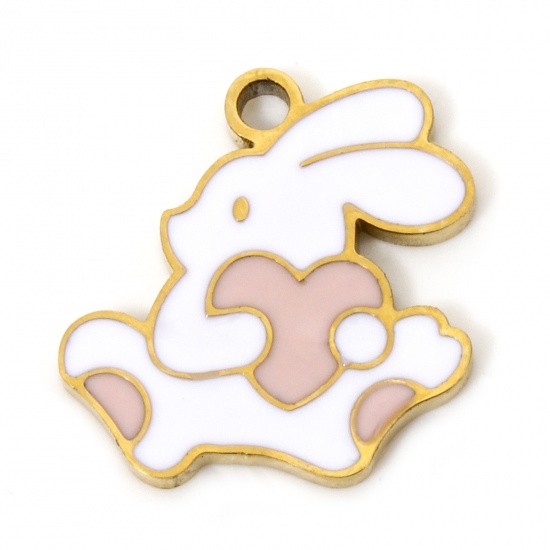 Immagine di 2 PCs Vacuum Plating 304 Stainless Steel Charms Gold Plated Rabbit Animal Enamel 14mm x 13mm