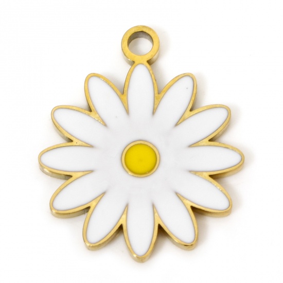 Immagine di 2 PCs Vacuum Plating 304 Stainless Steel Charms Gold Plated Flower Enamel 17.5mm x 15mm