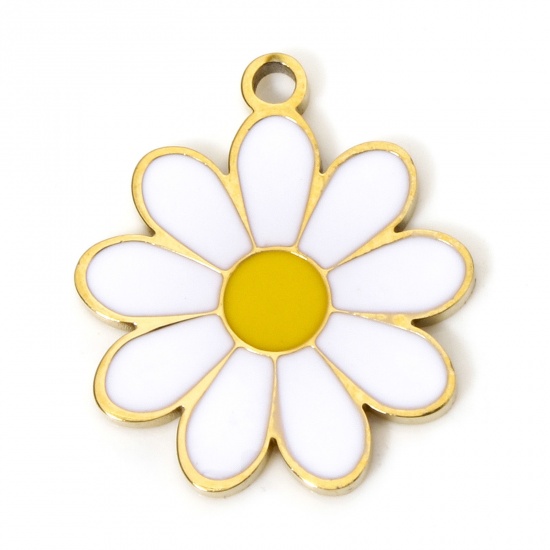 Immagine di 2 PCs Vacuum Plating 304 Stainless Steel Charms Gold Plated Daisy Flower Enamel 17mm x 15mm