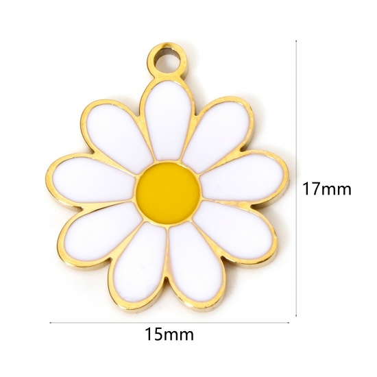 2 個 真空メッキ 304ステンレス鋼 チャーム デージー 金メッキ エナメル 17mm x 15mm、 の画像