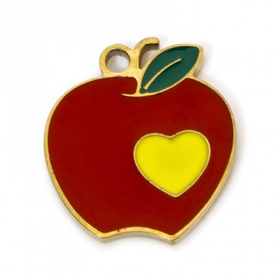 Immagine di 2 PCs Vacuum Plating 304 Stainless Steel Charms Gold Plated Apple Fruit Enamel 14mm x 13mm