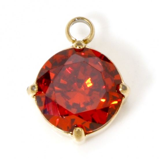 Image de 1 Pièce Breloques en 304 Acier Inoxydable Placage sous Vide Rond Doré à Zircone Cubique Rouge 11mm x 8mm