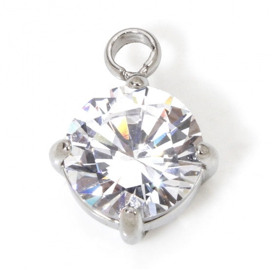 Image de 1 Pièce Breloques en 304 Acier Inoxydable Respectueux de la Nature Rond Argent Mat à Zircone Cubique Clair 11mm x 8mm
