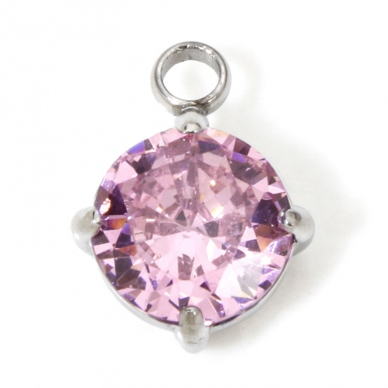 Image de 1 Pièce Breloques en 304 Acier Inoxydable Respectueux de la Nature Rond Argent Mat à Zircone Cubique Rose 11mm x 8mm