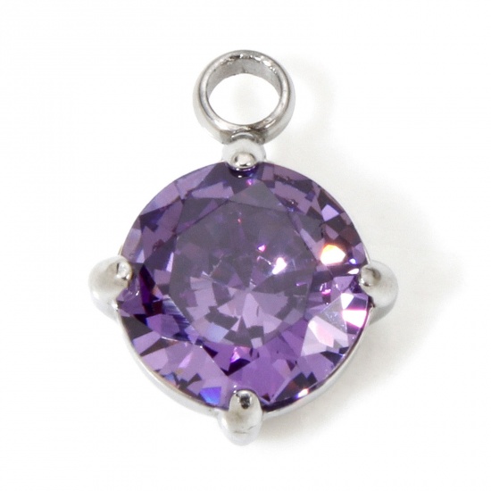 Image de 1 Pièce Breloques en 304 Acier Inoxydable Respectueux de la Nature Rond Argent Mat à Zircone Cubique Pourpre 11mm x 8mm