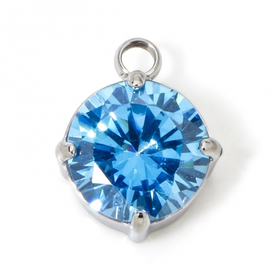 Image de 1 Pièce Breloques en 304 Acier Inoxydable Respectueux de la Nature Rond Argent Mat à Zircone Cubique Bleu 11mm x 8mm