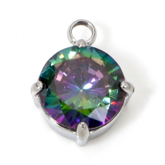 Image de 1 Pièce Breloques en 304 Acier Inoxydable Respectueux de la Nature Rond Argent Mat à Zircone Cubique Multicolore 11mm x 8mm