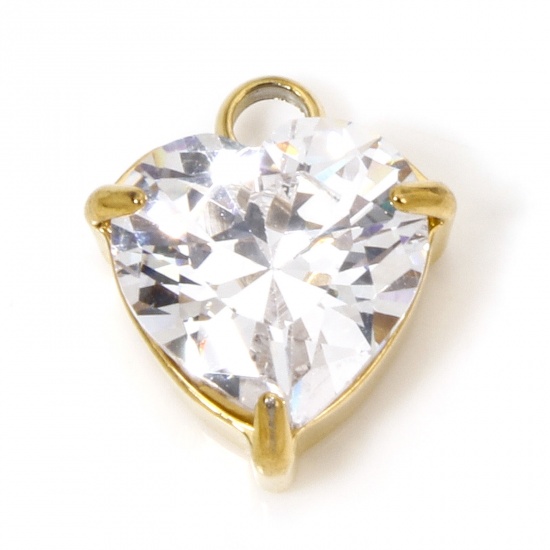 Immagine di 1 Piece Vacuum Plating 304 Stainless Steel Charms Gold Plated Heart Clear Cubic Zirconia 11.5mm x 9.5mm