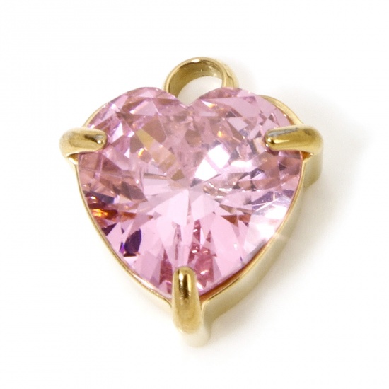 Immagine di 1 Piece Vacuum Plating 304 Stainless Steel Charms Gold Plated Heart Pink Cubic Zirconia 11.5mm x 9.5mm