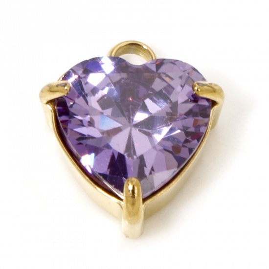 Immagine di 1 Piece Vacuum Plating 304 Stainless Steel Charms Gold Plated Heart Purple Cubic Zirconia 11.5mm x 9.5mm