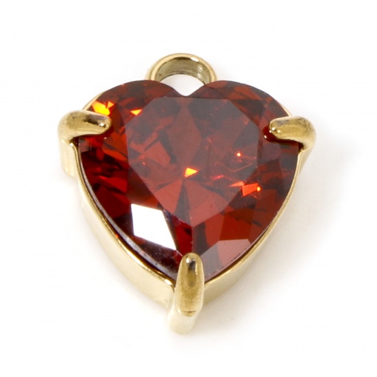 Immagine di 1 Piece Vacuum Plating 304 Stainless Steel Charms Gold Plated Heart Red Cubic Zirconia 11.5mm x 9.5mm