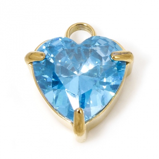 Immagine di 1 Piece Vacuum Plating 304 Stainless Steel Charms Gold Plated Heart Blue Cubic Zirconia 11.5mm x 9.5mm