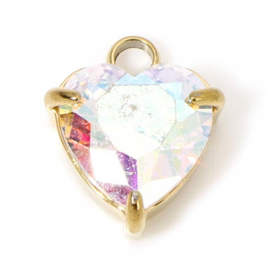 Immagine di 1 Piece Vacuum Plating 304 Stainless Steel Charms Gold Plated Heart AB Color Cubic Zirconia 11.5mm x 9.5mm