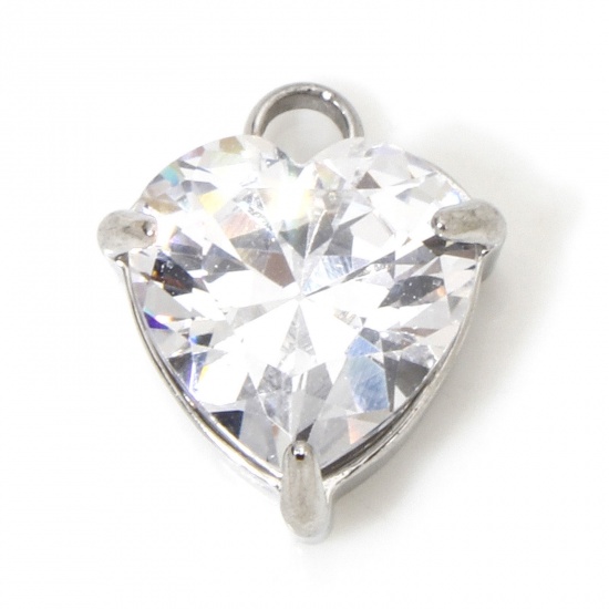 Immagine di 1 Piece 304 Stainless Steel Charms Silver Tone Heart Clear Cubic Zirconia 11.5mm x 9.5mm