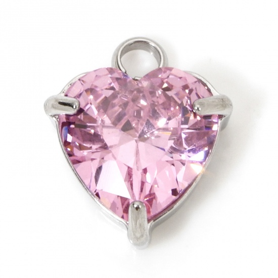 Immagine di 1 Piece 304 Stainless Steel Charms Silver Tone Heart Pink Cubic Zirconia 11.5mm x 9.5mm