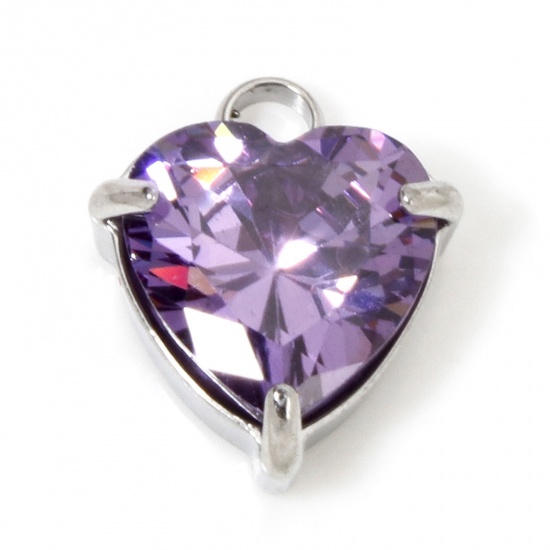 Immagine di 1 Piece 304 Stainless Steel Charms Silver Tone Heart Purple Cubic Zirconia 11.5mm x 9.5mm
