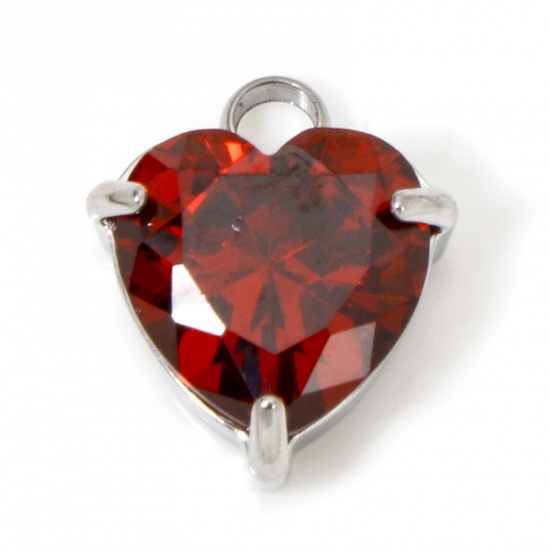Immagine di 1 Piece 304 Stainless Steel Charms Silver Tone Heart Red Cubic Zirconia 11.5mm x 9.5mm
