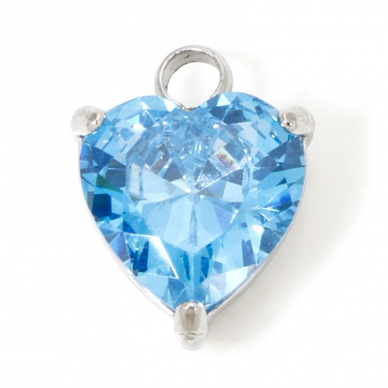 Immagine di 1 Piece 304 Stainless Steel Charms Silver Tone Heart Blue Cubic Zirconia 11.5mm x 9.5mm