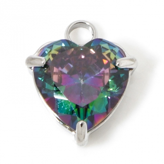 Immagine di 1 Piece 304 Stainless Steel Charms Silver Tone Heart Multicolour Cubic Zirconia 11.5mm x 9.5mm