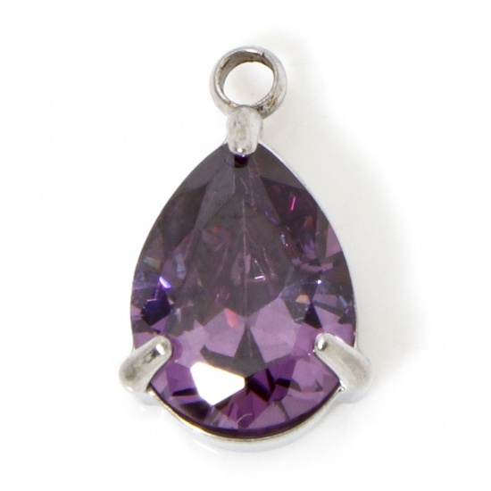 Immagine di 1 Piece 304 Stainless Steel Charms Silver Tone Drop Purple Cubic Zirconia 13mm x 8mm