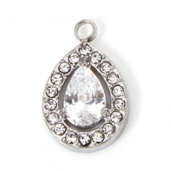 Immagine di 1 Pz Ecologico 304 Acciaio Inossidabile Ciondoli Goccia Tono Argento Micro Spianare Trasparente Cubic Zirconiae 13.5mm x 9mm