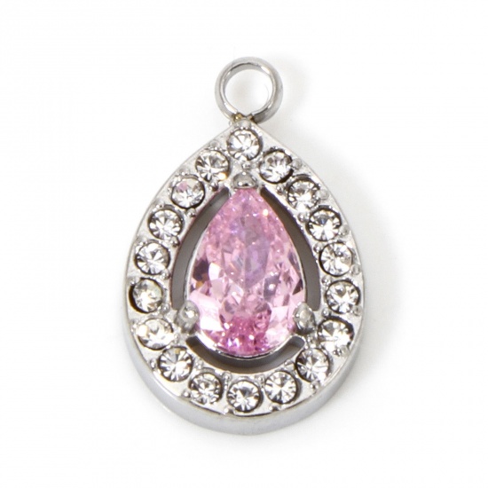 Immagine di 1 Pz Ecologico 304 Acciaio Inossidabile Ciondoli Goccia Tono Argento Micro Spianare Rosa Cubic Zirconiae 13.5mm x 9mm