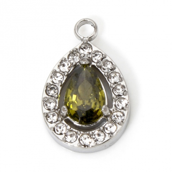 Immagine di 1 Pz Ecologico 304 Acciaio Inossidabile Ciondoli Goccia Tono Argento Micro Spianare Verde Oliva Cubic Zirconiae 13.5mm x 9mm