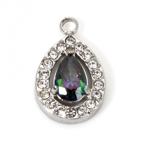Immagine di 1 Pz Ecologico 304 Acciaio Inossidabile Ciondoli Goccia Tono Argento Micro Spianare Multicolore Cubic Zirconiae 13.5mm x 9mm