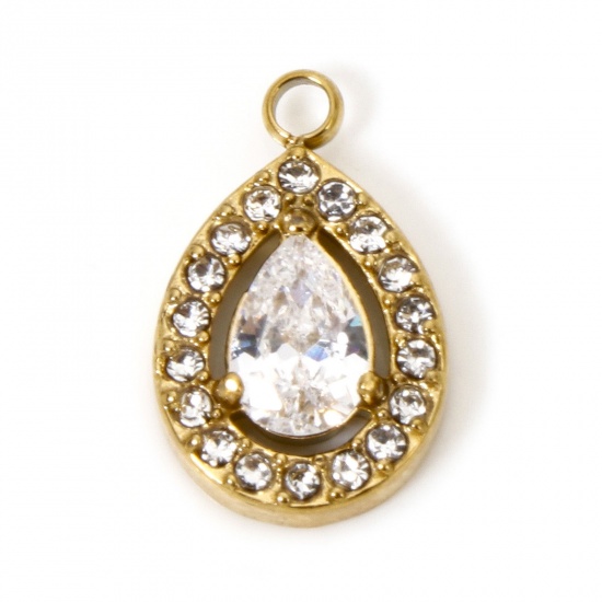 Immagine di 1 Pz Placcatura Sottovuoto 304 Acciaio Inossidabile Ciondoli Goccia Oro Placcato Micro Spianare Trasparente Cubic Zirconiae 13.5mm x 9mm