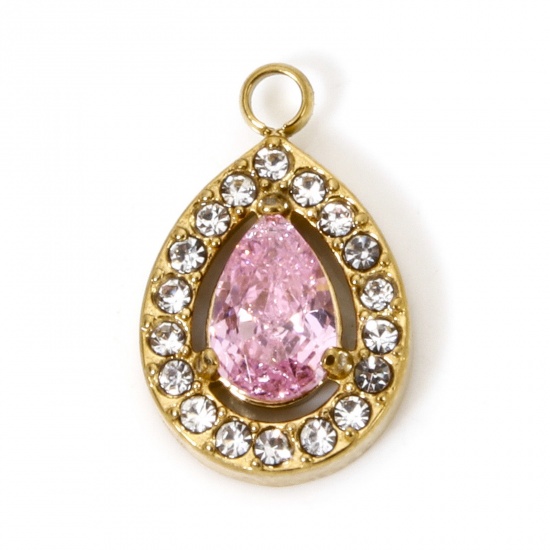 Immagine di 1 Pz Placcatura Sottovuoto 304 Acciaio Inossidabile Ciondoli Goccia Oro Placcato Micro Spianare Rosa Cubic Zirconiae 13.5mm x 9mm