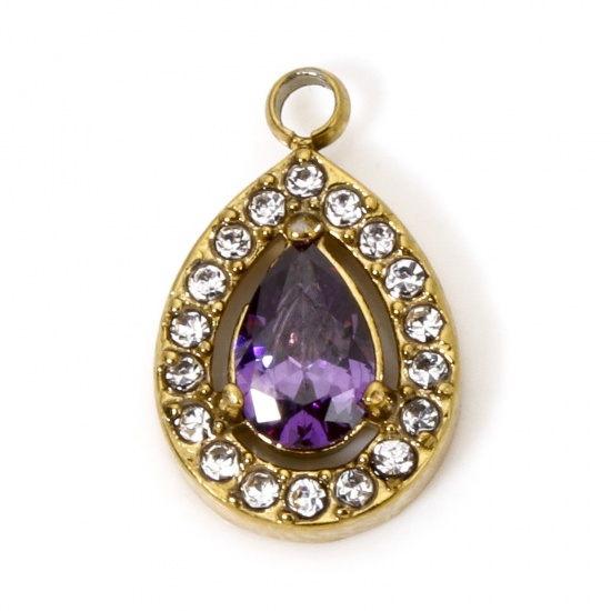 Immagine di 1 Pz Placcatura Sottovuoto 304 Acciaio Inossidabile Ciondoli Goccia Oro Placcato Micro Spianare Viola Cubic Zirconiae 13.5mm x 9mm
