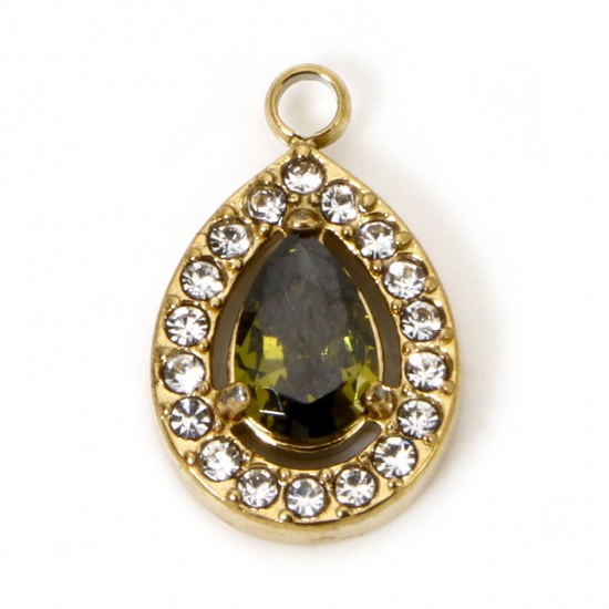 Immagine di 1 Pz Placcatura Sottovuoto 304 Acciaio Inossidabile Ciondoli Goccia Oro Placcato Micro Spianare Verde Oliva Cubic Zirconiae 13.5mm x 9mm