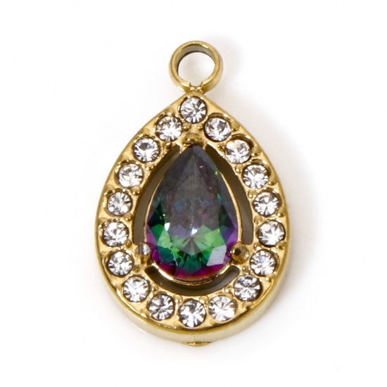 Immagine di 1 Pz Placcatura Sottovuoto 304 Acciaio Inossidabile Ciondoli Goccia Oro Placcato Micro Spianare Multicolore Cubic Zirconiae 13.5mm x 9mm