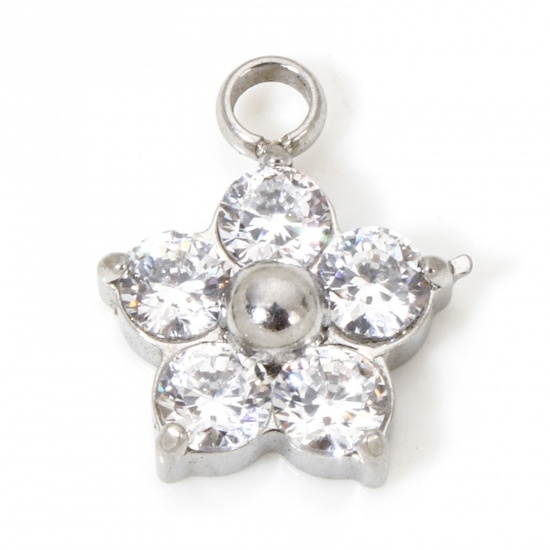 Picture of 1 Piece Eco-friendly 304 Stainless Steel Charms Silver Tone Plum Blossom Clear Cubic Zirconia 11mm x 9mm