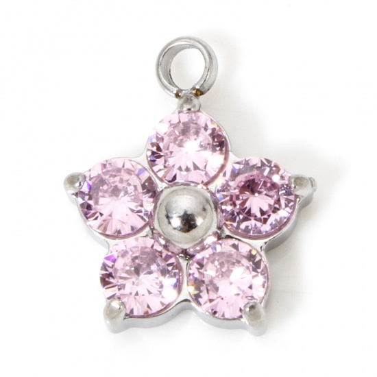 Picture of 1 Piece Eco-friendly 304 Stainless Steel Charms Silver Tone Plum Blossom Pink Cubic Zirconia 11mm x 9mm